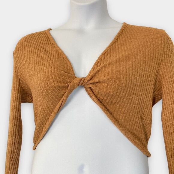 Lisa Says Gah Crop Top XL Caro Twist Front Rib Knit Tan Brown Long Sleeve - Picture 2 of 11